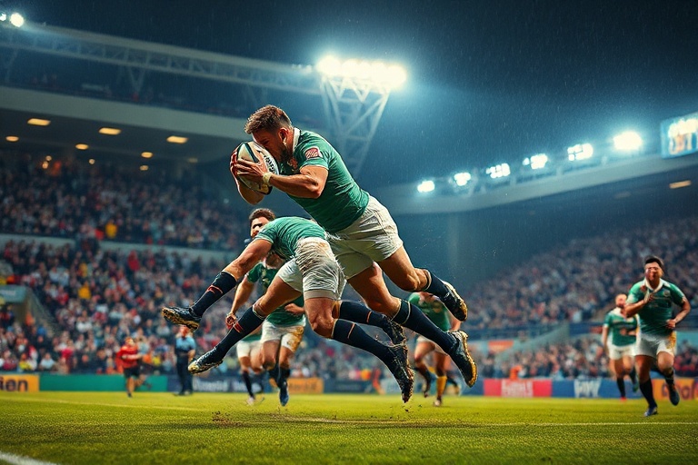 A vibrant scene of a rugby league match broadcast on a large TV screen, with a stadium crowd visible in the background. The i