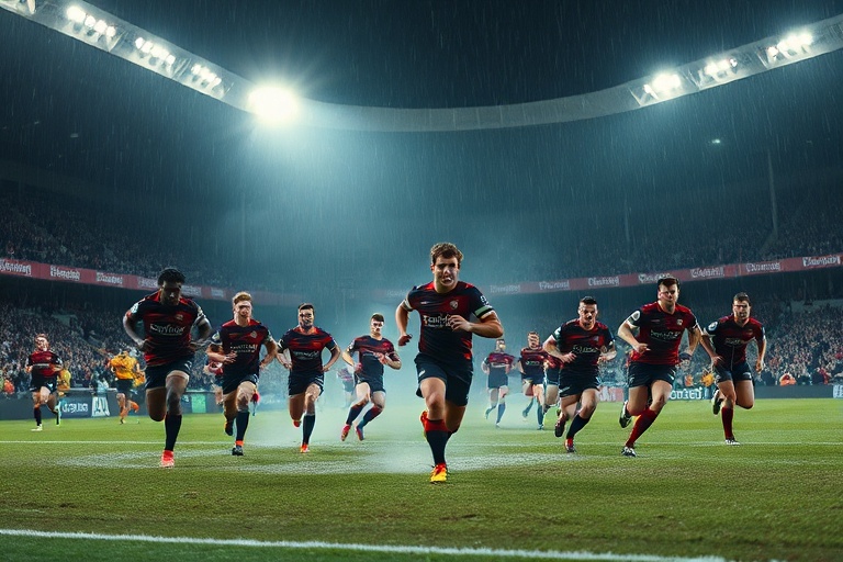 A dynamic action shot of Tom Cleverley in midfield, wearing a Manchester United kit, with a blurred stadium background highli