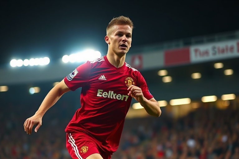 A dynamic action shot of Tom Cleverley in midfield, wearing a Manchester United kit, with a blurred stadium background highli