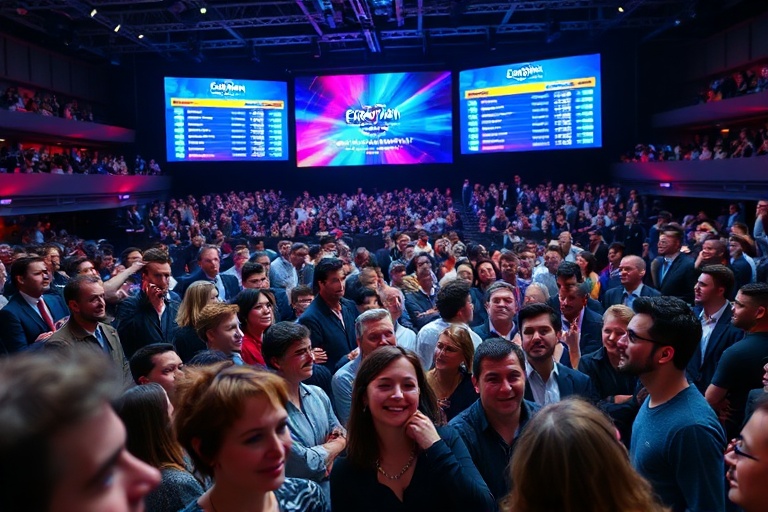 A vibrant stage shot from a Eurovision grand final, featuring performers in elaborate costumes, a live audience with national