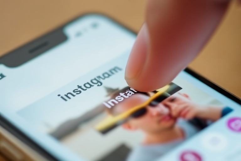 A smartphone displaying Instagram’s interface with a highlighted 'Instant' post option, surrounded by floating photos and vid