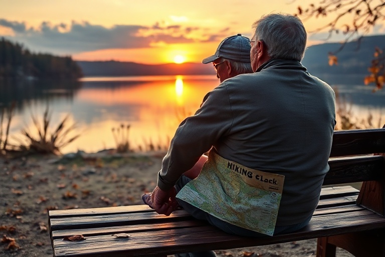 A serene image of an older couple sitting on a park bench, reading a book together, with soft sunlight filtering through tree