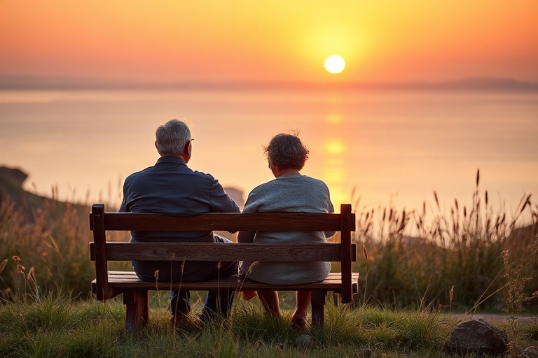 A serene retirement scene featuring a smiling older couple walking hand-in-hand on a beach at sunset, with a golden retriever