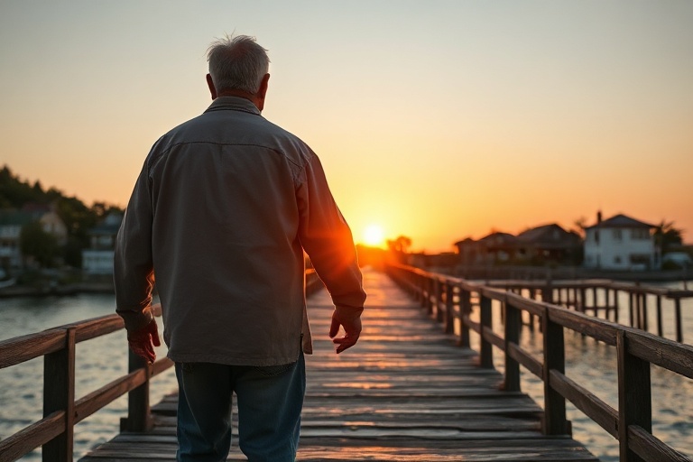 A serene retirement scene featuring a smiling older couple walking hand-in-hand on a beach at sunset, with a golden retriever