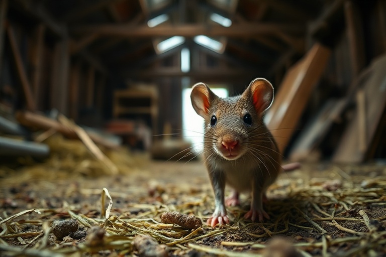 A close-up of a deer mouse in a natural outdoor setting, with a blurred background of dry grass and fallen leaves, evoking a