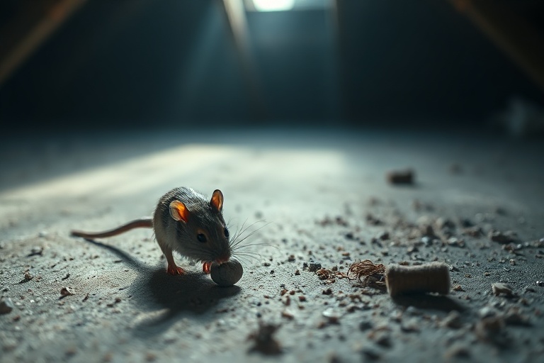 A rural landscape with a deer mouse in the foreground, set against a backdrop of a farm shed and forest. The scene captures t