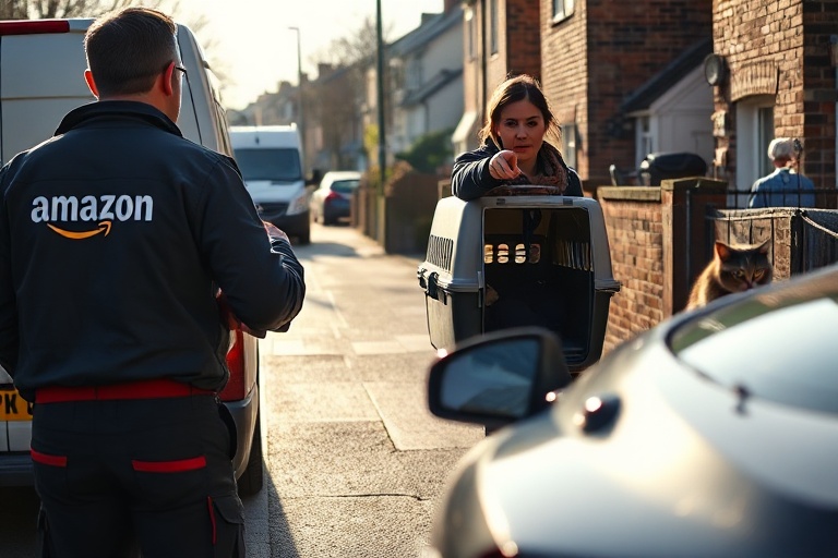 A concerned elderly woman standing in front of her home in Elland, holding a cat, while an Amazon delivery van is visible in