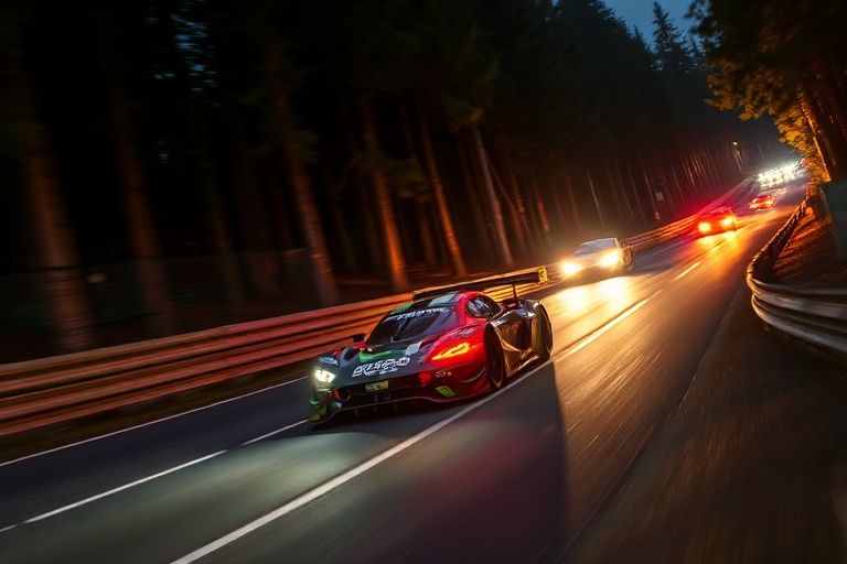 A dynamic nighttime shot of racing cars on the Nurburgring Nordschleife, illuminated by headlights and surrounded by cheering