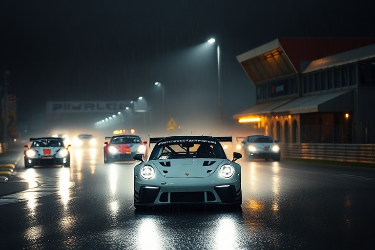A dynamic nighttime shot of racing cars on the Nurburgring Nordschleife, illuminated by headlights and surrounded by cheering