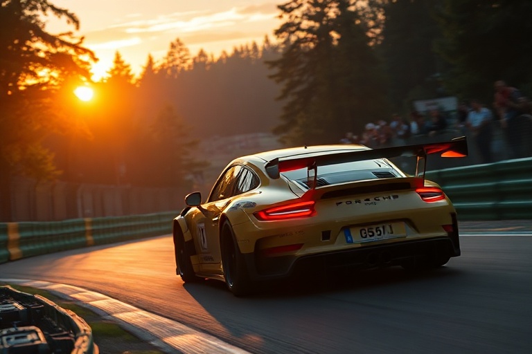 A dynamic nighttime shot of racing cars speeding through the wet and illuminated Nordschleife circuit, with crowds of spectat