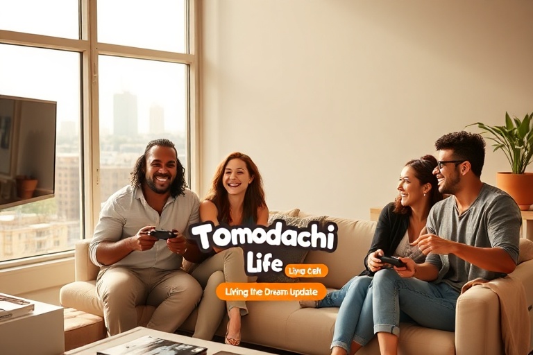 A vibrant Nintendo Switch screen displaying the Tomodachi Life interface, with colorful Mii characters attending a dream care