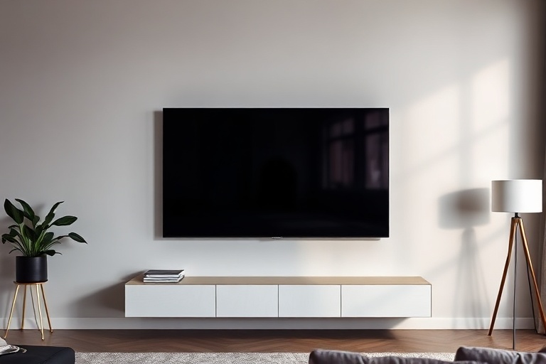 A well-lit living room scene featuring the Samsung OLED 4K S90F Smart TV mounted on a wall. The TV displays a vibrant nature