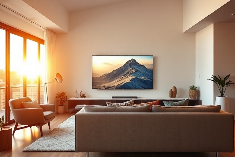 A well-lit living room scene featuring the Samsung OLED 4K S90F Smart TV mounted on a wall. The TV displays a vibrant nature