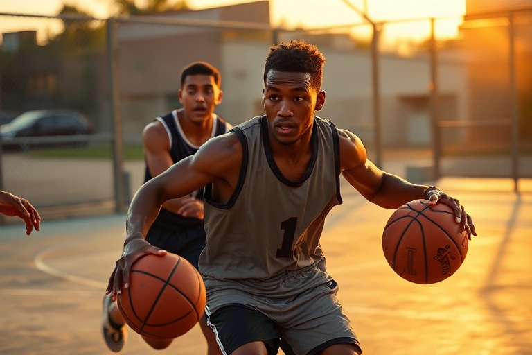 A dynamic action shot of LeBron James in a Lakers jersey, mid-dribble with a defender closing in, set against a blurred NBA c
