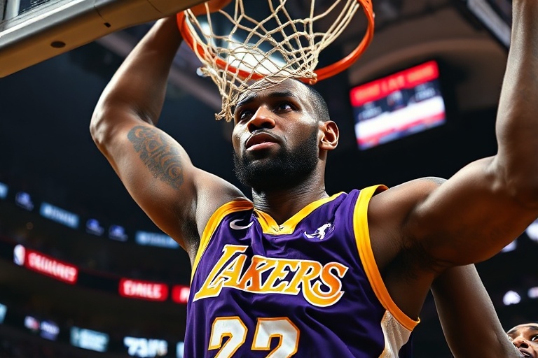 A dynamic action shot of LeBron James in a Lakers jersey, mid-dribble with a defender closing in, set against a blurred NBA c