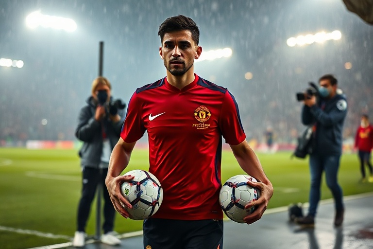 A split-image visual: on the left, Bruno Fernandes in Sporting CP’s red and green jersey; on the right, an empty Premier Leag