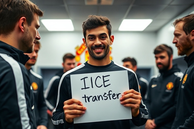 A split-image visual: on the left, Bruno Fernandes in Sporting CP’s red and green jersey; on the right, an empty Premier Leag