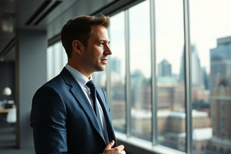 A professional portrait of Nik Storonsky, showcasing his confident demeanor in a modern office setting, symbolizing innovatio