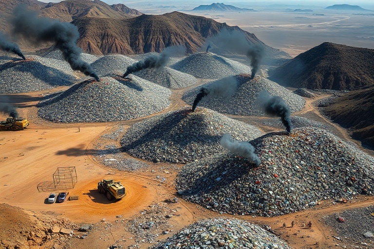 Aerial view of a large waste dump with bulldozers and garbage trucks, surrounded by industrial facilities and distant residen