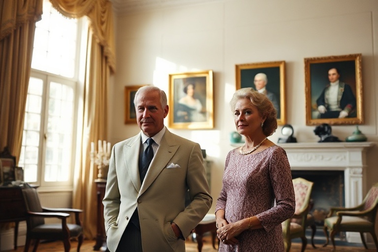 A stately portrait of the Duke and Duchess of Westminster standing in front of Eaton Hall, with a backdrop of manicured garde