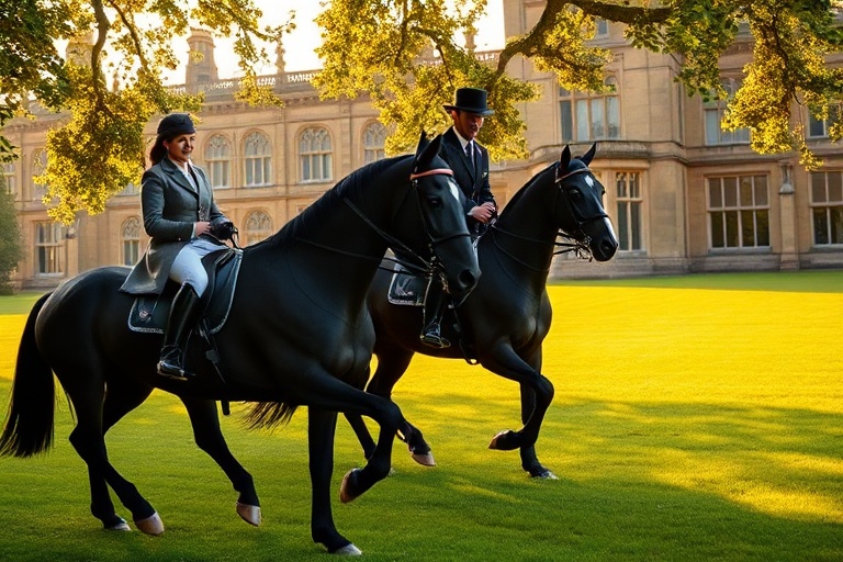 A stately portrait of the Duke and Duchess of Westminster standing in front of Eaton Hall, with a backdrop of manicured garde
