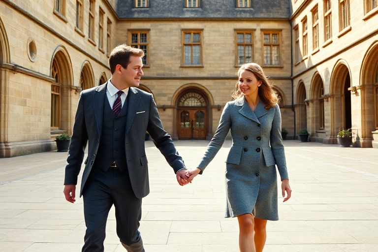 A well-composed portrait of the Duke and Duchess of Westminster in a stately home, surrounded by historic architecture and mo