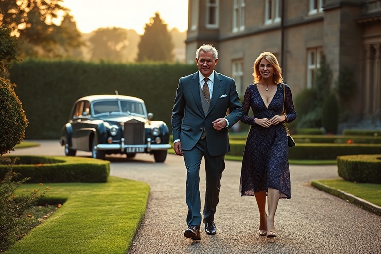 A formal portrait of the Duke and Duchess of Westminster in a grand London setting, with Mayfair architecture and classic car