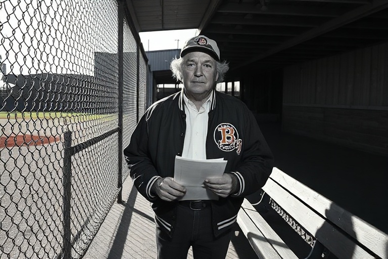 A candid black-and-white photo of Billy Stokoe in a hockey rink, wearing a coach's jacket, observing a practice session. The