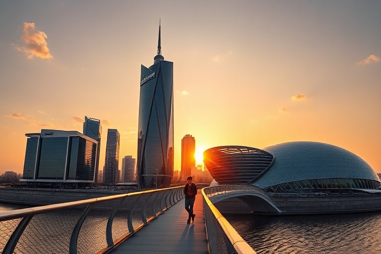 A panoramic view of Astana’s skyline at dusk, featuring the Bayterek Tower and Khan Shatyr Entertainment Center against a sno