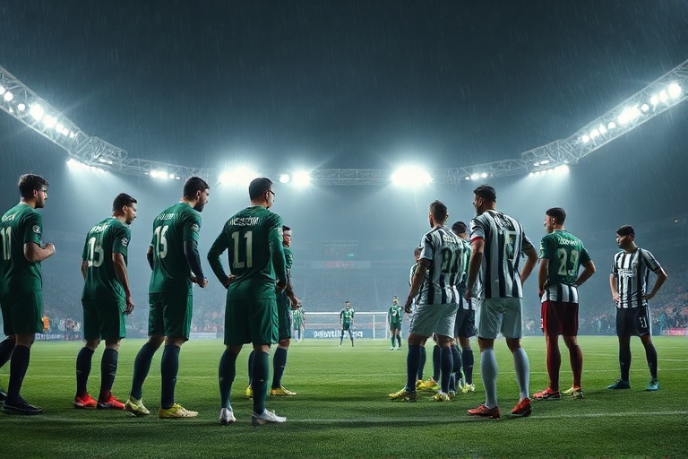 A vibrant football stadium filled with enthusiastic fans, showcasing a match in action, with players on the field and high-te