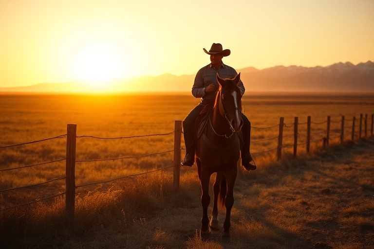 A cinematic shot of a rugged Montana landscape at sunset, with a lone ranch house in the distance. The sky is dramatic with c