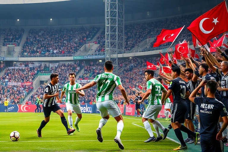 A vibrant football stadium filled with enthusiastic fans, showcasing a match in action, with players on the field and high-te