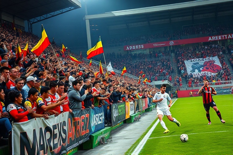 A vibrant football stadium filled with enthusiastic fans, showcasing a match in action, with players on the field and high-te