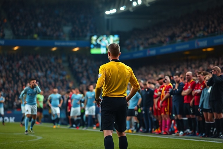 A vibrant football stadium filled with enthusiastic fans, showcasing a match in action, with players on the field and high-te