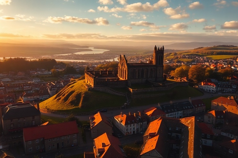 A panoramic view of Dunfermline Abbey ruins with lush greenery in the foreground, medieval stonework contrasting with modern