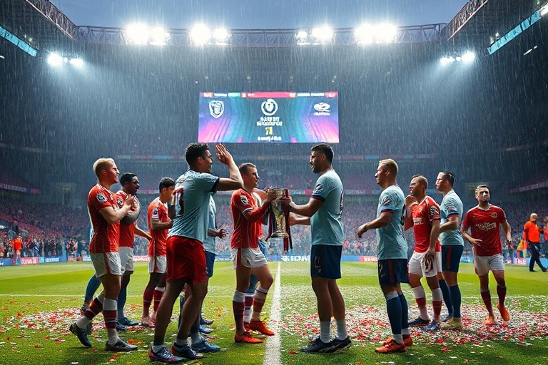 A vibrant stadium scene at Wembley with fans in scarves and jerseys, two teams in contrasting kits mid-celebration after a dr