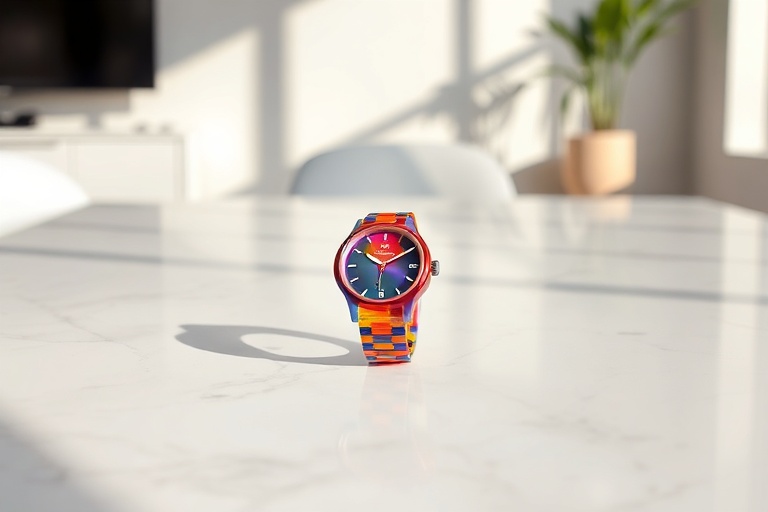 A vibrant display of Swatch watches arranged in a grid, showcasing bold colors, patterns, and retro designs against a clean w