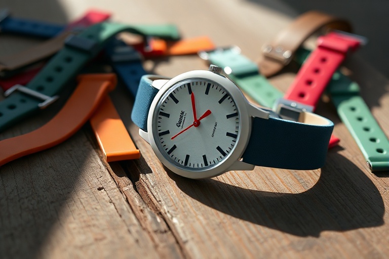 A vibrant display of Swatch watches arranged in a dynamic, colorful grid, showcasing various models from different decades. T