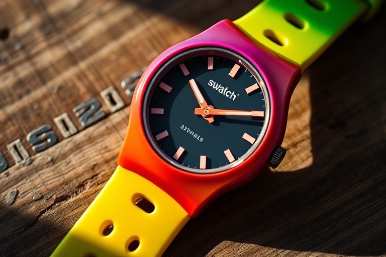 A vibrant display of Swatch watches arranged in a dynamic, colorful grid, showcasing various models from different decades. T