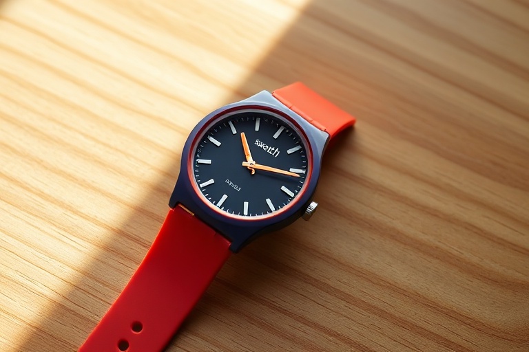 A vibrant display of Swatch watches arranged in a dynamic, colorful collage. The image includes a mix of classic and modern m