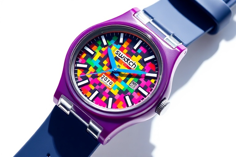 A vibrant display of Swatch watches arranged in a dynamic, colorful collage. The image includes a mix of classic and modern m