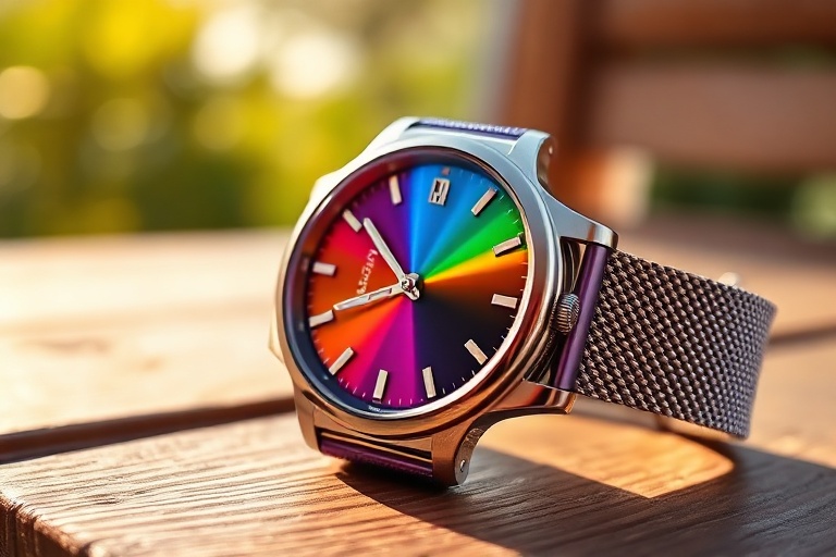 A close-up shot of the AP Swatch Watch in a bright color, such as orange or green, displayed on a neutral background with sof