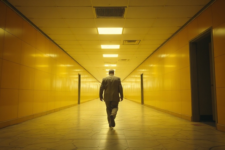 A dark, yellow-lit hallway stretching into infinite darkness, with flickering fluorescent lights and a VHS camera recording t