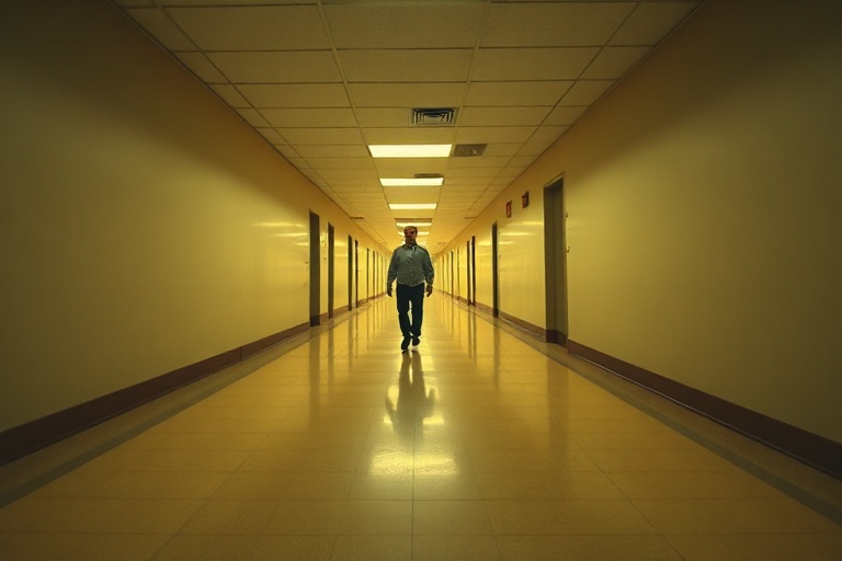 A dimly lit, endless hallway with flickering fluorescent lights, yellow walls, and a faint hum in the distance. The perspecti