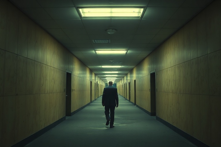 A dimly lit, endless hallway with flickering fluorescent lights, yellow walls, and a faint hum in the distance. The perspecti