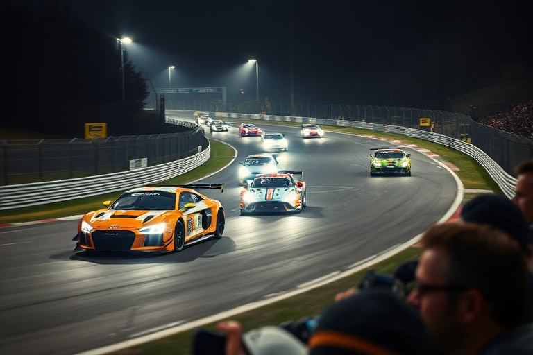 A high-speed shot of GT3-class cars racing through the iconic Karussell section of the Nürburgring Nordschleife under dramati