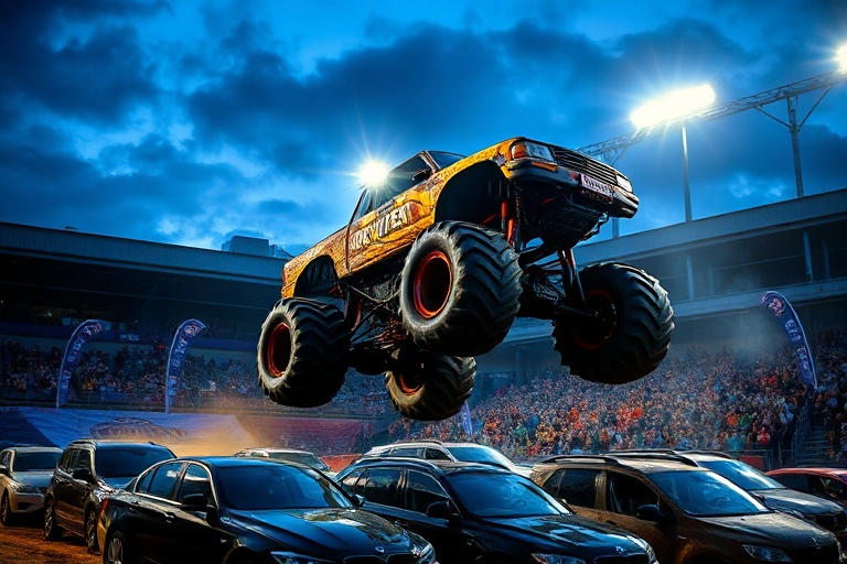 A dramatic shot of a Monster Jam truck mid-air over a dirt track at Principality Stadium in Cardiff, with crowds of spectator