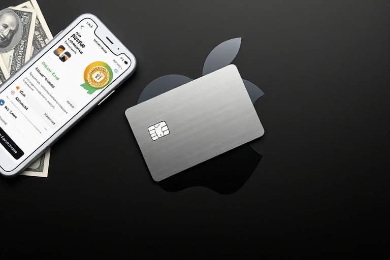 A sleek Apple Card resting on an iPhone screen, with the Wallet app open showing transaction history and rewards breakdown. T