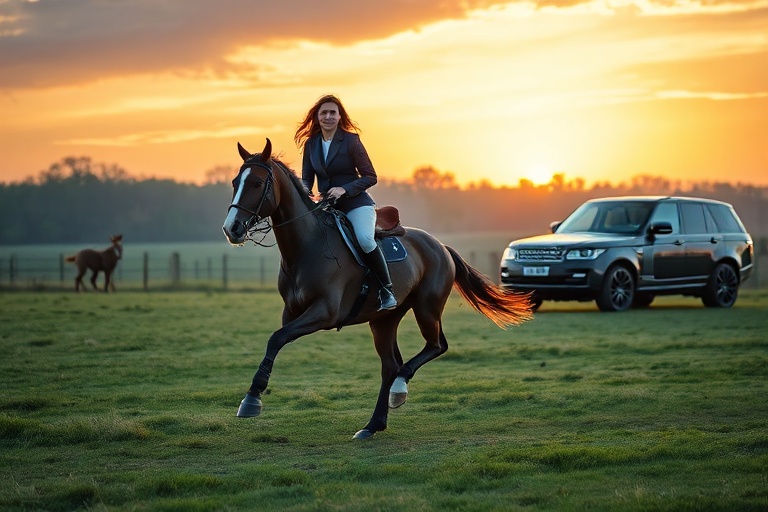 A candid outdoor portrait of Zara Tindall, dressed in equestrian attire, riding a horse in a lush green field with a soft, na