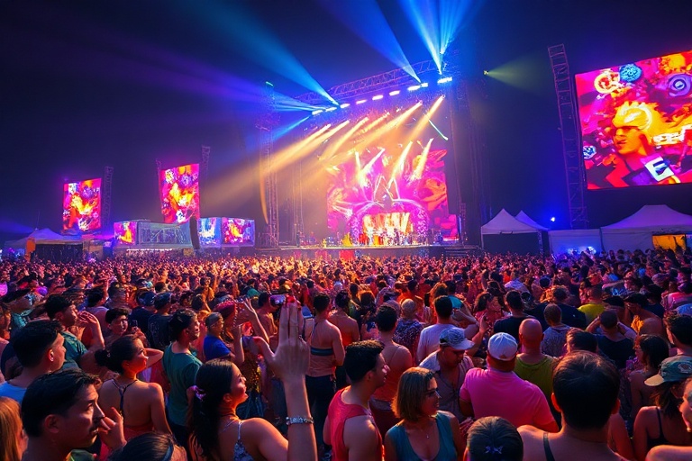 A vibrant collage of festival scenes: a Japanese taiko drum performance, a Rio Carnival dancer in sequins, a European medieva